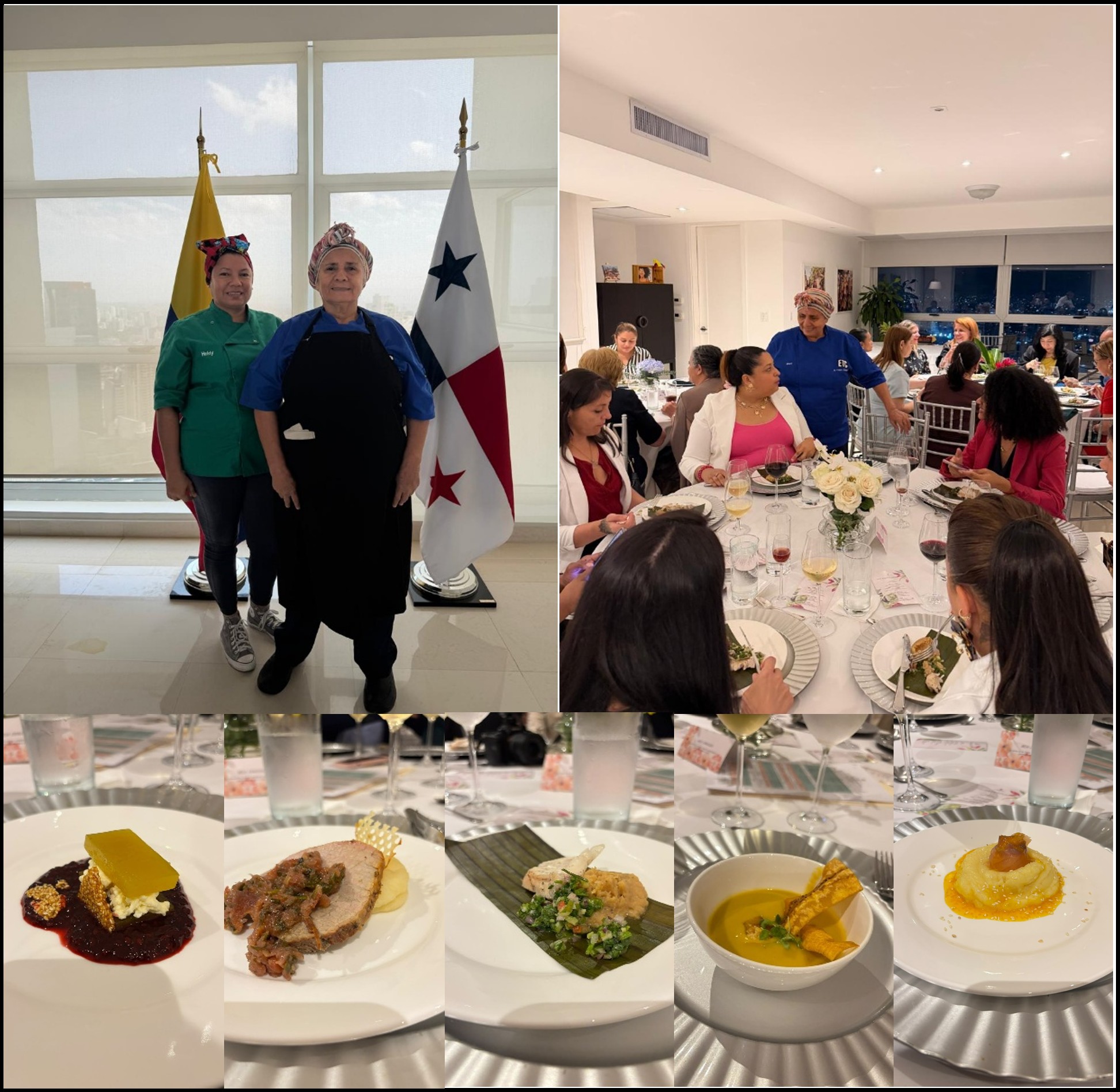 Zoraida Agámez y Heidy Pinto, Cocineras Tradicionales de Colombia, acompañadas de las invitadas del Cuerpo Diplomático, Gobierno y sector empresarial.  Cortesía: Embajada de Colombia en Panamá